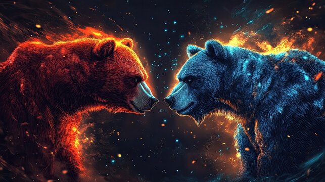 Two bears facing off in red and blue
