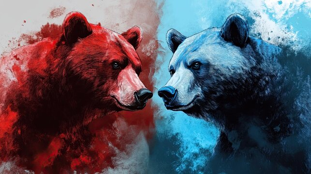Fiery red bear facing icy blue bear