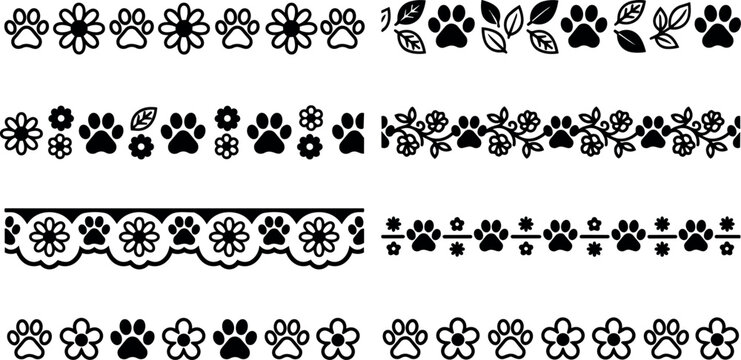Black and white paw prints and flower seamless decorative borders