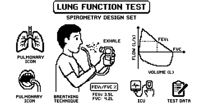 Lung Function Test Pixel Retro Black White-Spirometry Figure Loop Display-Retro Pulmonary Vector-Lung Icon Pixel-ICU Pulmonary Design Set