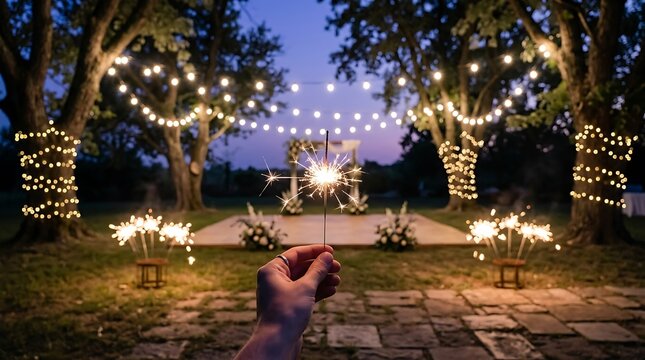 Hand holding a bright burning sparkler at an outdoor wedding reception with string lights and illuminated trees in the background, at night time