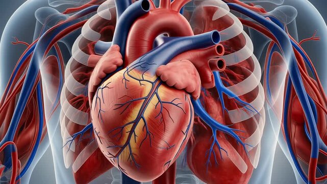 Detailed illustration of human heart with arteries and veins, showcasing intricate anatomy and beauty of cardiovascular system