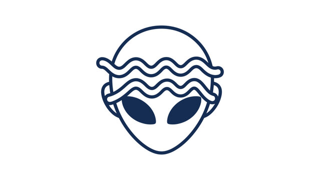 Minimalist alien head illustration with wavy lines, dark blue outline on white background