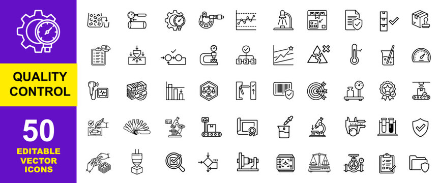 Quality Control Icons Set: 50 Editable Vector Icons of Manufacturing Inspection, Product Testing, Industrial Standards, Assurance, Lab Analysis, Measurement Tools Thin Line Symbols