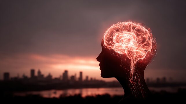Silhouette of a glowing brain in a womans head against a sunset skyline