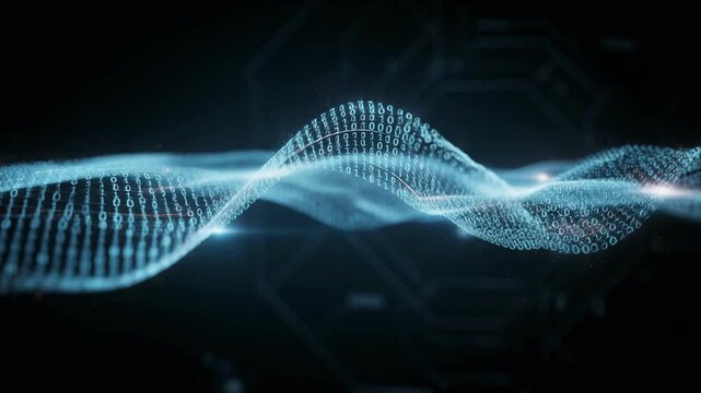 Digital Wave Flowing Binary Code Pulses Across Dark Background, Symbolizing Technology and Data Flow in New Era of Innovation