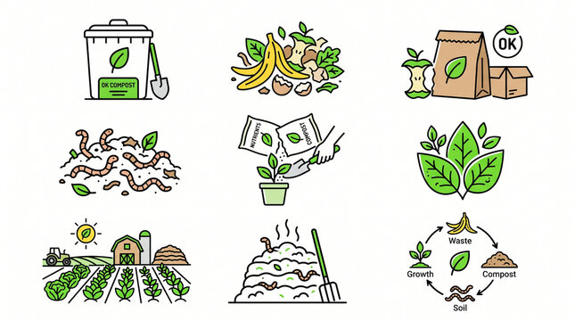 Compost and organic recycling cycle icons set with waste management, recycling