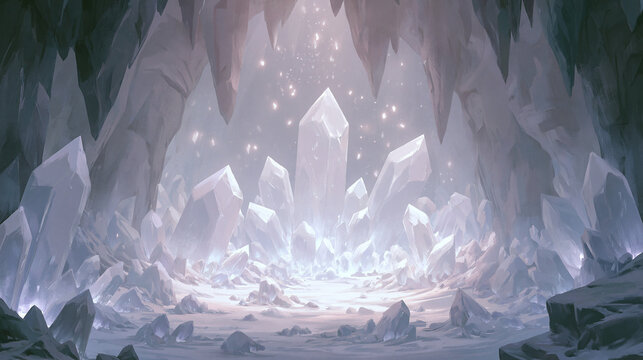 Large glowing crystals shine inside a dark stone cave with bright dust particles floating in the air