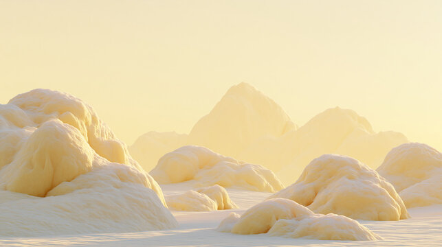 Abstract landscape showing soft hills of foam or snow under a warm golden light in a calm and peaceful environment