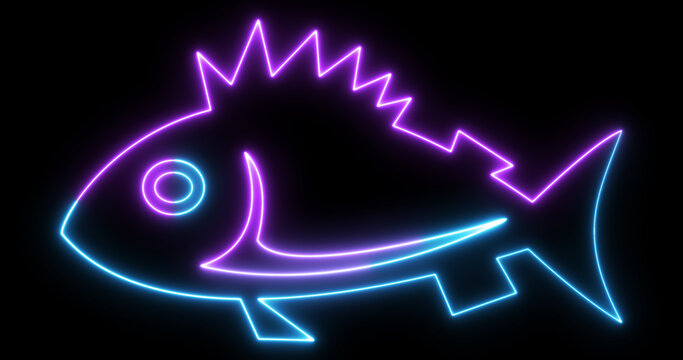 Neon Fish Icon Animation Glowing Aquatic Seafood Symbol on Black Background Loop 4k.