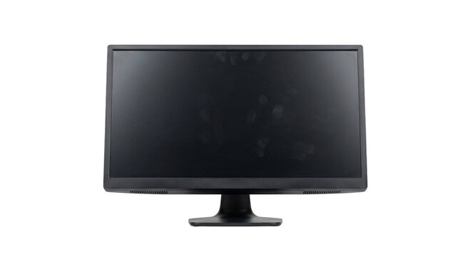 Black computer monitor with smudged screen and dust particles on white background
