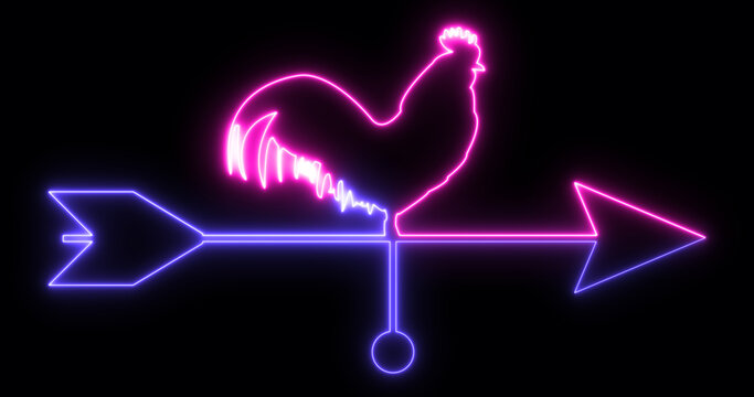 Neon Rooster Weather Vane Animation Glowing Wind Direction Symbol on Black Background Loop 4k.
