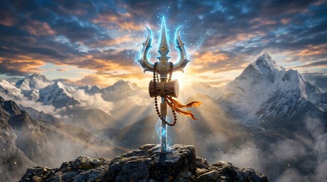 Lord Shiva trishul with damru and rudraksha mala on misty Himalaya mountains background