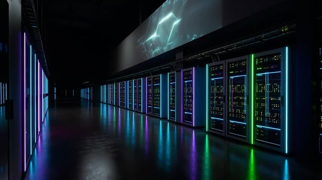 Futuristic Data Center with Glowing Servers and Neon Lights