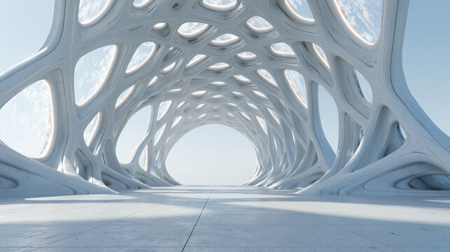 A bright white organic futuristic building interior with many smooth oval openings under a clear blue sky
