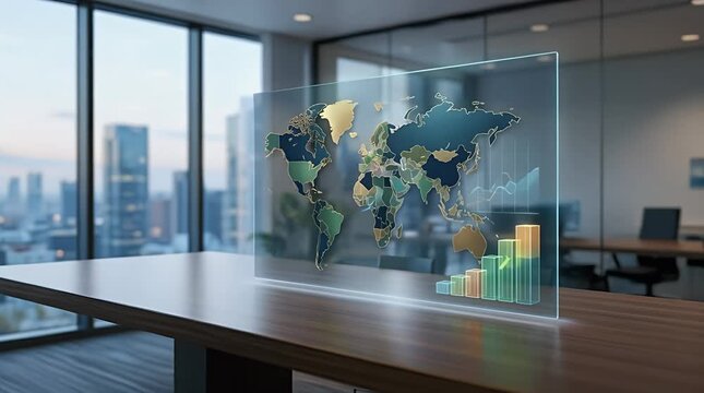 Futuristic Holographic World Map Data Visualization Business Office