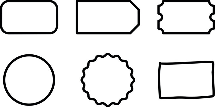 Six basic black outline shapes label tag badge frames on white