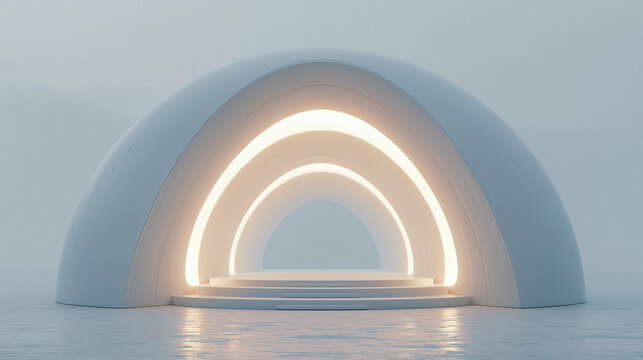 A white circular stage stands inside a modern dome structure with glowing lights to showcase products in a clean architectural setting