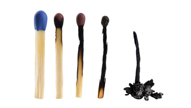 Four matches showing progression from unused to burnt