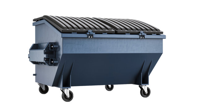 Large blue dumpster with black lid and wheels
