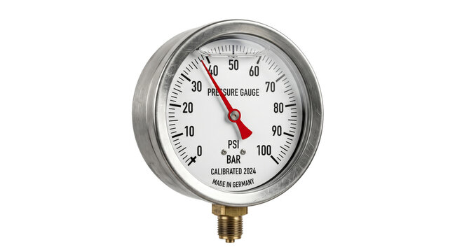 Industrial pressure gauge with red needle indicating measurement on white dial