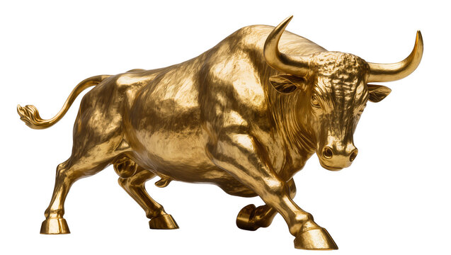 Golden bull statue charging forward with powerful stance