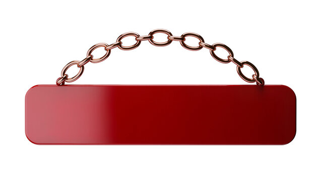 Red rectangular sign with rounded corners hanging from a copper chain