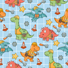 Cute construction dinosaurs seamless pattern with funny cartoon dino builders helmets wrenches cones and gears on blue grid background for kids textile wallpaper nursery decor © Marie
