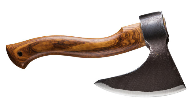 Curved wooden handle axe with sharp metal blade