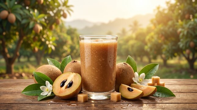 A glass of brown sapodilla smoothie on a wooden surface surrounded by fresh sapodilla fruit chunks.sapote, chicozapote, chico, chicoo, chicle, naseberry, nispero, or soapapple,