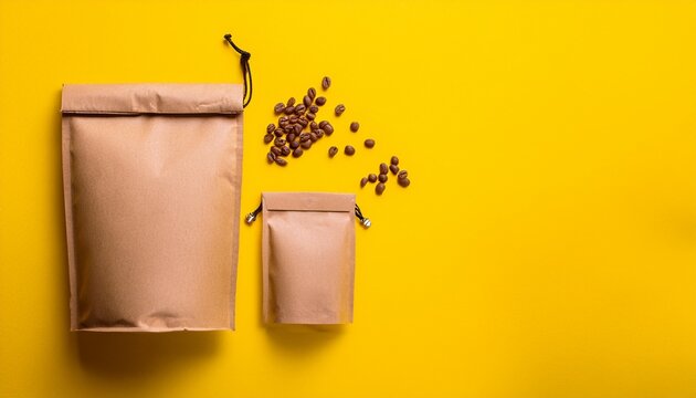 kraft brown paper empty bags isolated mock up on yellow background eco friendly pack with zipper roasted specialty coffee beans tea snack alternative sample trendy concept top view flat lay