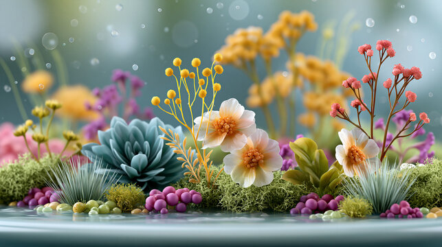 Abstract microbial ecosystem growing like a botanical garden showcasing microbiome diversity longevity wellness and inner balance