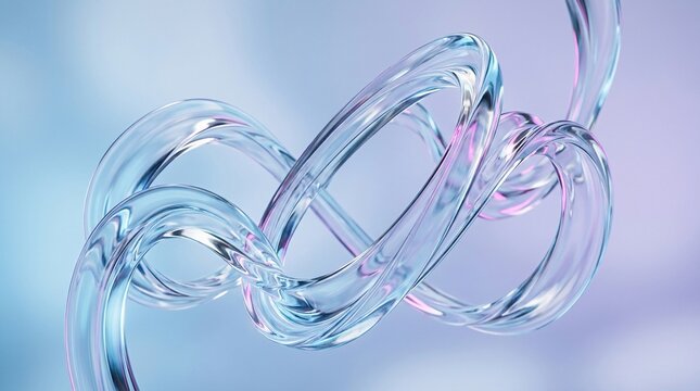Twisting strands of transparent glass forming complex intertwined spiral loops with light pastel hues creating ethereal fluid motion art piece perfect for modern backgrounds and graphic projects.
