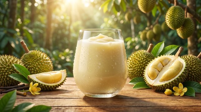 A glass of creamy durian smoothie on a wooden table with fresh sliced durians in a plantation.