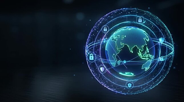 Futuristic Holographic Globe with Security Icons and Data Visualization