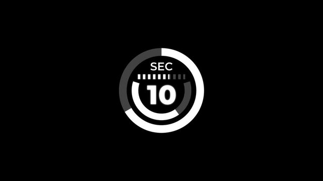 15 second countdown with circle and dot animation on black screen.Fifteen second countdown timer to zero second with transparent background.