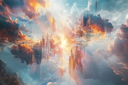 Ethereal abstract sky with glitch art vertical light beams and golden clouds
