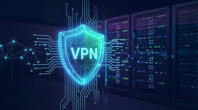 Glowing VPN Shield Icon with Digital Network Background