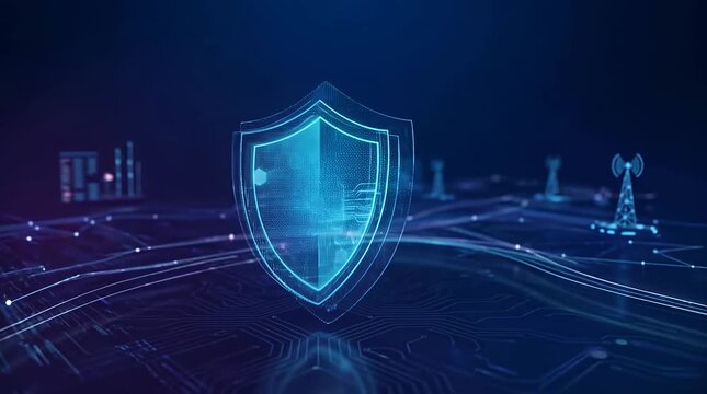 Glowing Holographic Shield Icon Representing Cybersecurity Protection