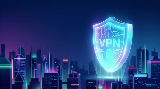 Futuristic VPN Shield Icon Glowing in Neon Cityscape Background