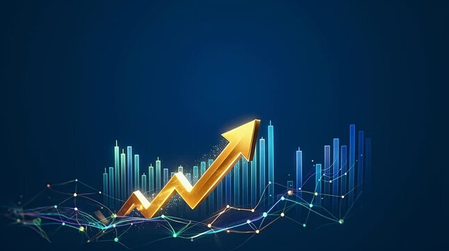 Golden Arrow Rising Above Colorful Data Visualization Background