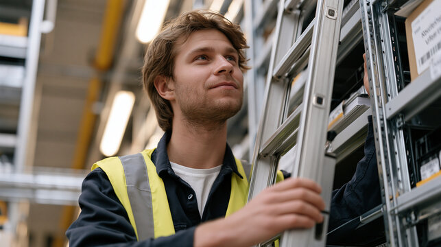 Urban micro-fulfillment technician climbing a mobile ladder inside a dense automated storage tower in a city basement facility, hyperlocal inventory management, inner-city logistics, vertical wareho