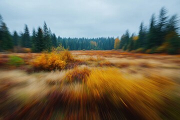Obraz premium Autumn meadow with motion blur and distant pine forest under cloudy sky landscape seasonal movement wilderness woodland environment botanical vegetation perspective atmosphere daylight