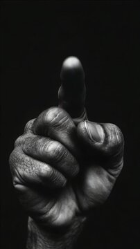 Black-and-white close-up of a hand pointing forward. Fingers slightly curled, thumb extended upward. Dark background emphasizes hand's texture and gesture. Contrast highlights skin creases