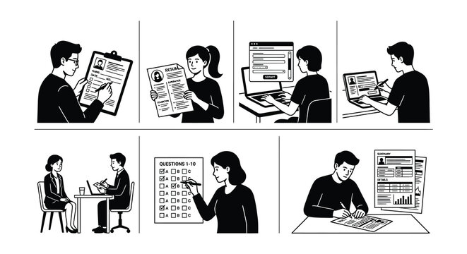 Vector illustration of job application questionnaire and resume processes