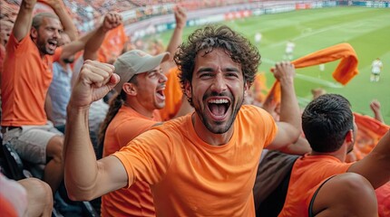 Fototapeta premium Excited Crowd Cheering at a Sporting Event in an Orange Jersey Jubilant Fans Celebrating Victory Together on a Sunny Day