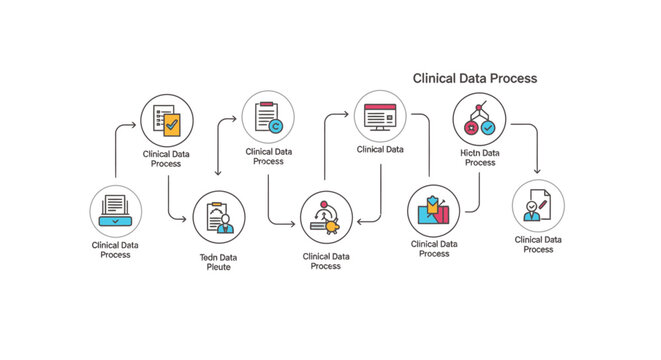 Infographic showing the clinical data process flow with icons and steps.