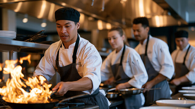 Head chef rallying a multicultural line cook crew during a high-pressure dinner service in a professional restaurant kitchen, flames rising from the range, sweat on brows, and coordinated urgency fi
