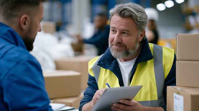 Industrial physiotherapist visiting a warehouse floor to assess workers' lifting posture near a packing station, ergonomics consultation, injury prevention program, warehouse worker wellbeing, occup