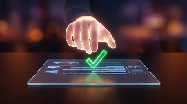 Futuristic Hand Touching Digital Document Confirmation Interface